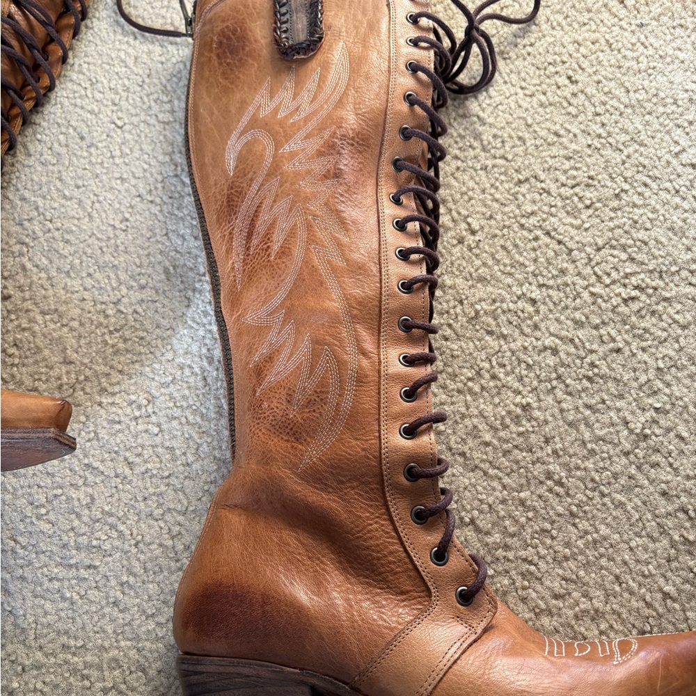Tall Lace-Up Women's Leather Boots in Brown - Picture 8 of 11
